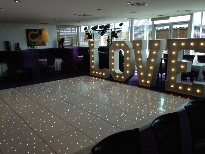 Kuti’s Royal Thai Pier Southampton LOVE letter hire and white LED Dancefloor Hire