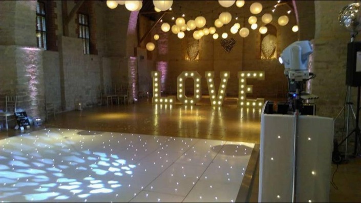 White LED Dancefloor , 5ft Love, Uplighters, DJ Equipment, Tithe Barn, Petersfield