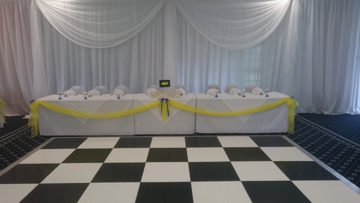 black and white dancefloorand backdrop at Botley Grange Hotel