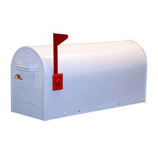American Style Mailbox / Postbox White Steel with Red Flag Lizard Events Ltd