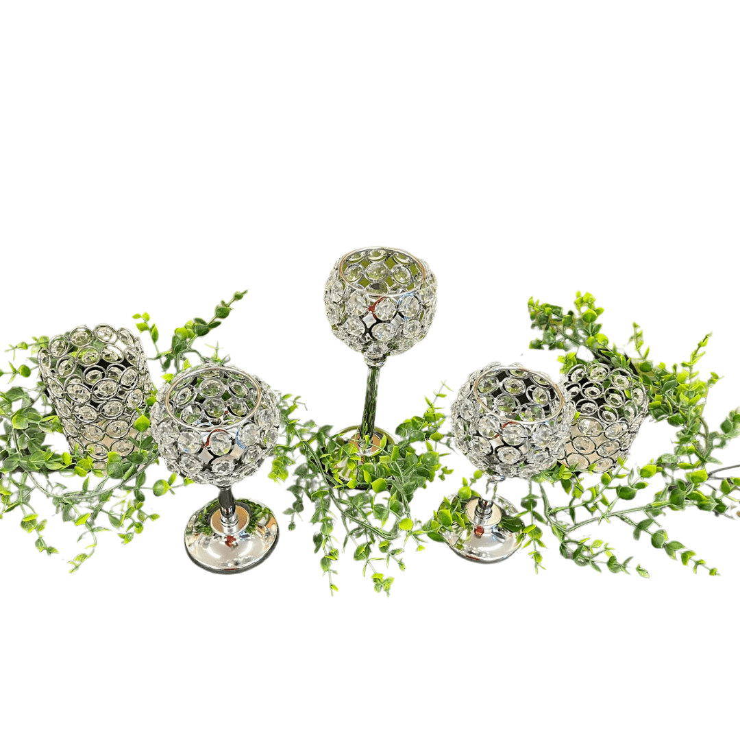 Various Height Silver Crystal Votive Candlestick Holders with Artificial Greenery