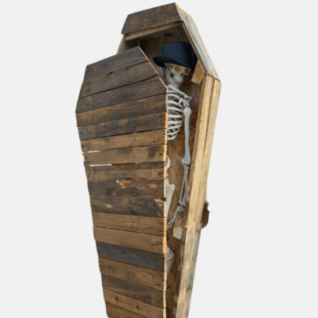 Wooden Coffin with Skeleton - Removable Lid  1.9m High 0.6 Wide